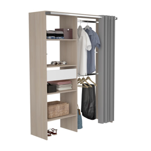 MONTRELO Dressing avec rideau, 4 étagères, 2 penderies et un tiroir bois et blanc