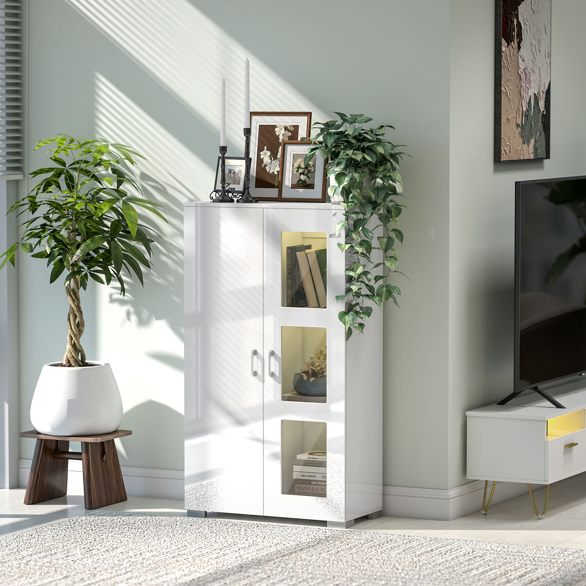 Buffet de cuisine LED 16 couleurs - 2 portes, 3 niveaux - 71x35x126cm, blanc