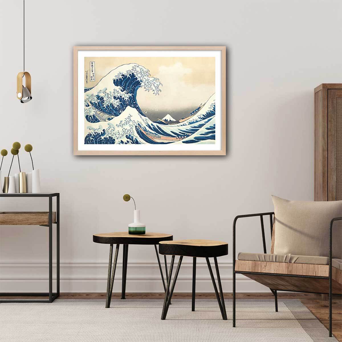 Poster The Great Wave off Kanagawa par Hokusai Affiche + cadre en bois - Chêne
