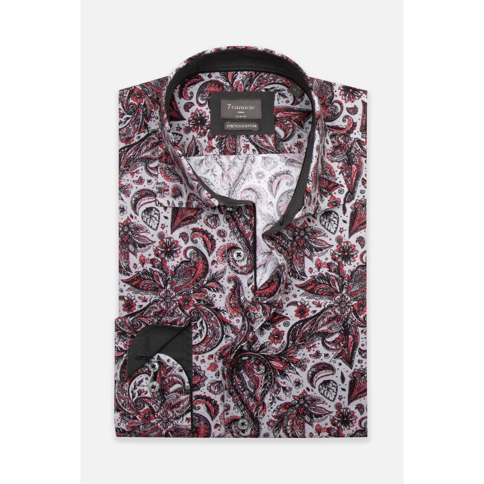 Camicia Uomo 1 Bottone Francese Slim Popeline Stretch Stampato Grigio Chiaro e Rosso