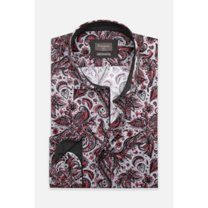 Camicia Uomo 1 Bottone Francese Slim Popeline Stretch Stampato Grigio Chiaro e Rosso