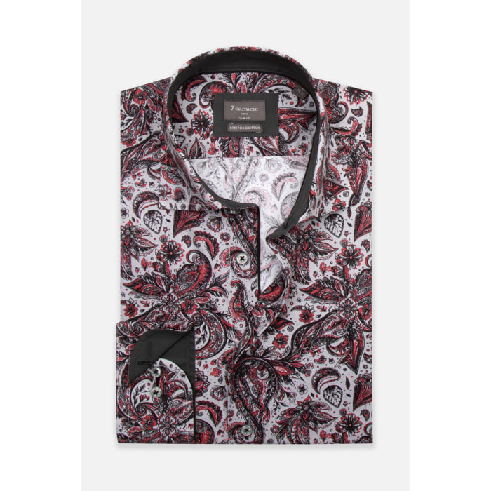 Camicia Uomo 1 Bottone Francese Slim Popeline Stretch Stampato Grigio Chiaro e Rosso