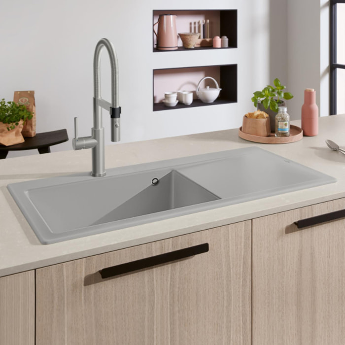Evier a encastrer 1 bac Subway Style 60 egouttoir à droite vidage manuel Fossil CeramicPlus