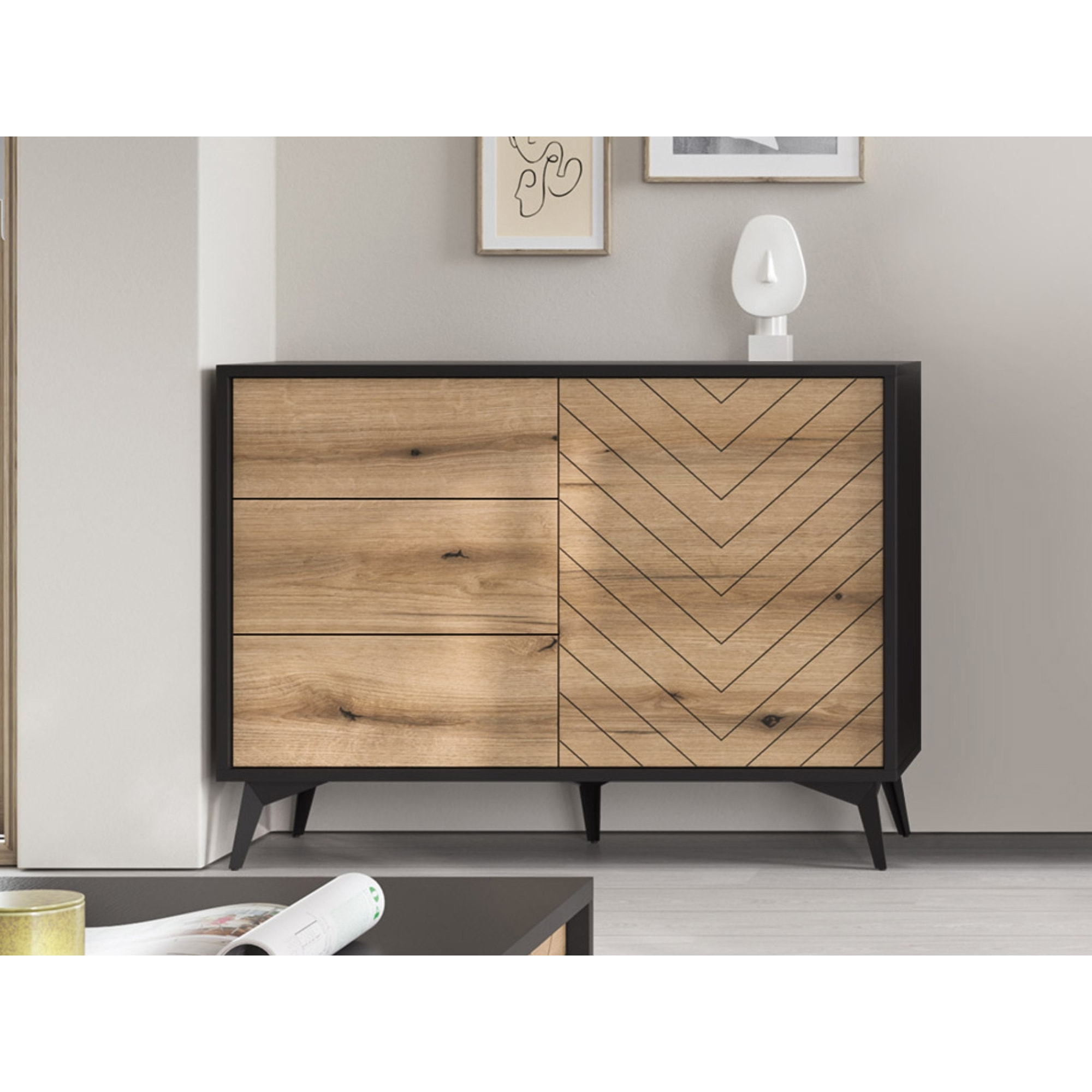 Peter - buffet bas - bois et noir - 104 cm - style industriel - Bois / Noir