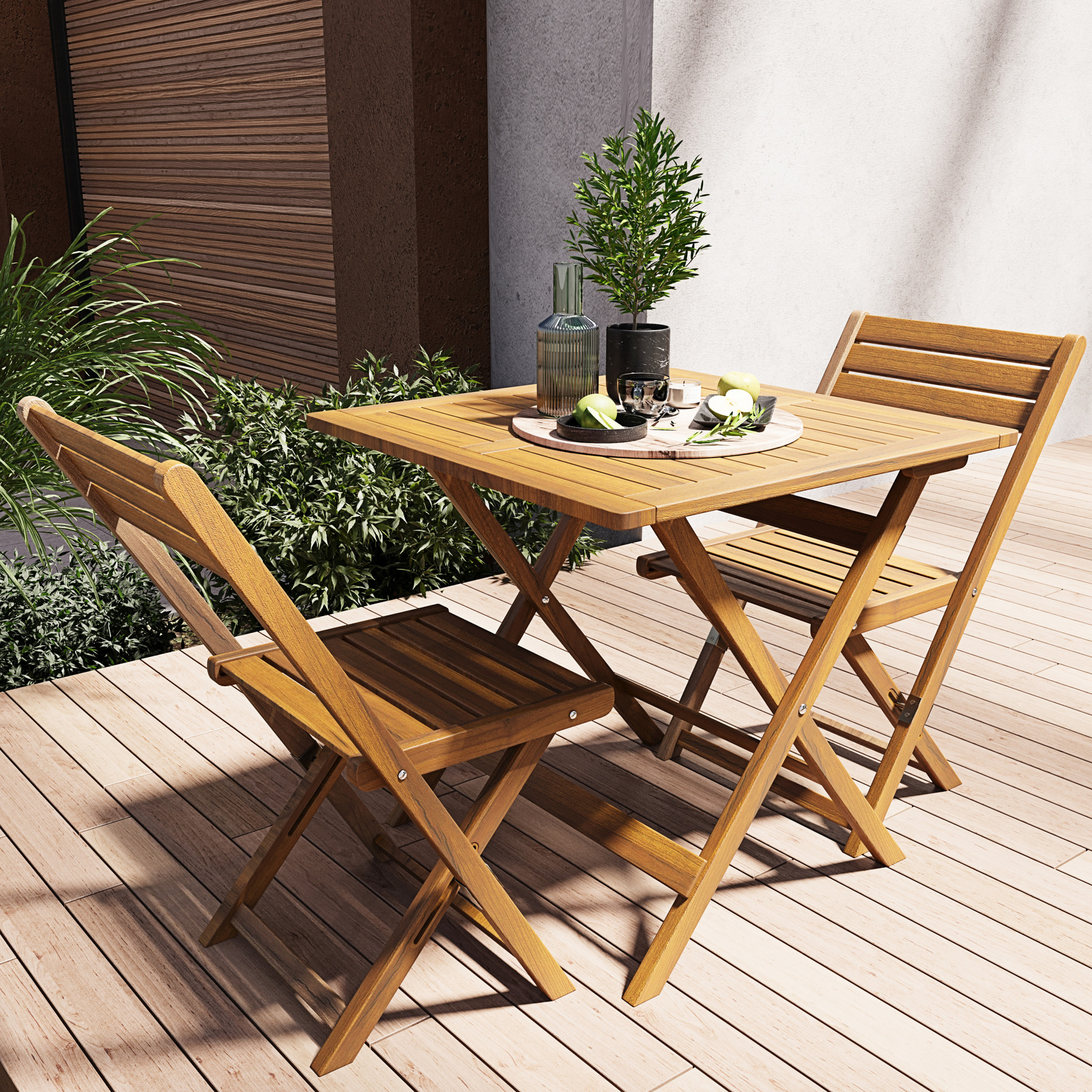 Set Tavolino E 2 Sedie Bistrot In Legno Acacia Pieghevole Portatile Facile Da Chiudere Comodo Trasporto Tavolo Quadrato Esterno Giardino 74x70x70 Cm