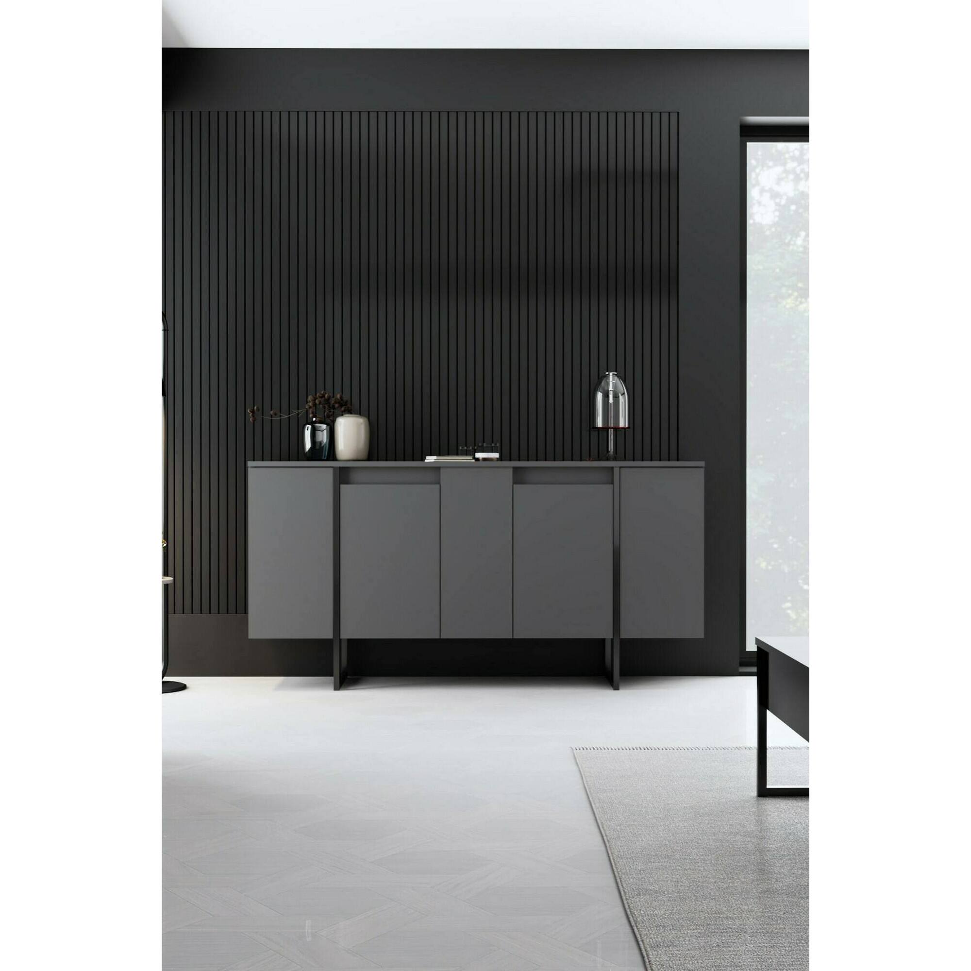 Credenza Dgarzitt, Buffet da soggiorno, Madia da salotto, Dispensa da cucina, 160x35h80 cm, Antracite e Nero