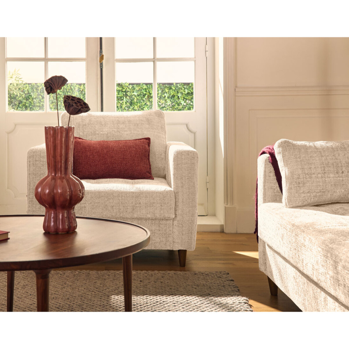 Anna - fauteuil avec poche en velours texturé - pieds en bois - Beige