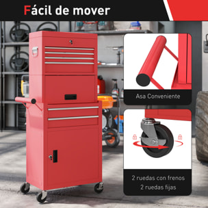 Carro de Herramientas con 6 Cajones y Cerraduras, 3 en 1, Carro de Taller Móvil con Ruedas y Panel Lateral Perforado, Caja de Herramientas Desmontable de Acero, para Taller, Garaje, Rojo