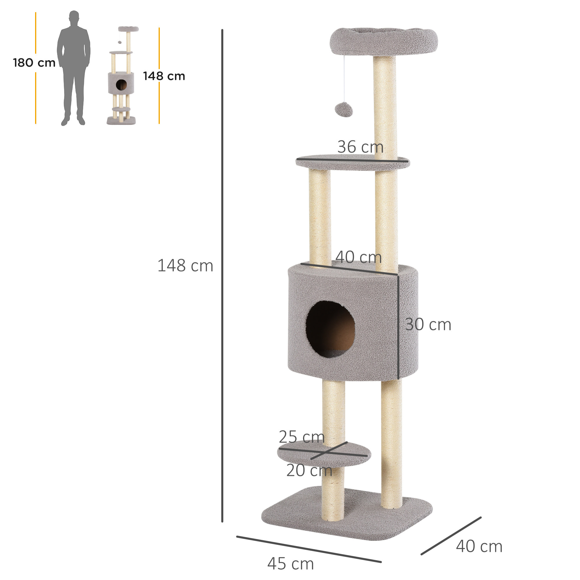 árbol Rascador para Gatos Altura 148 cm árbol para Gatos Torre para Gatos con Postes de Sisal 3 Plataformas Casita y Bola Colgante Gris