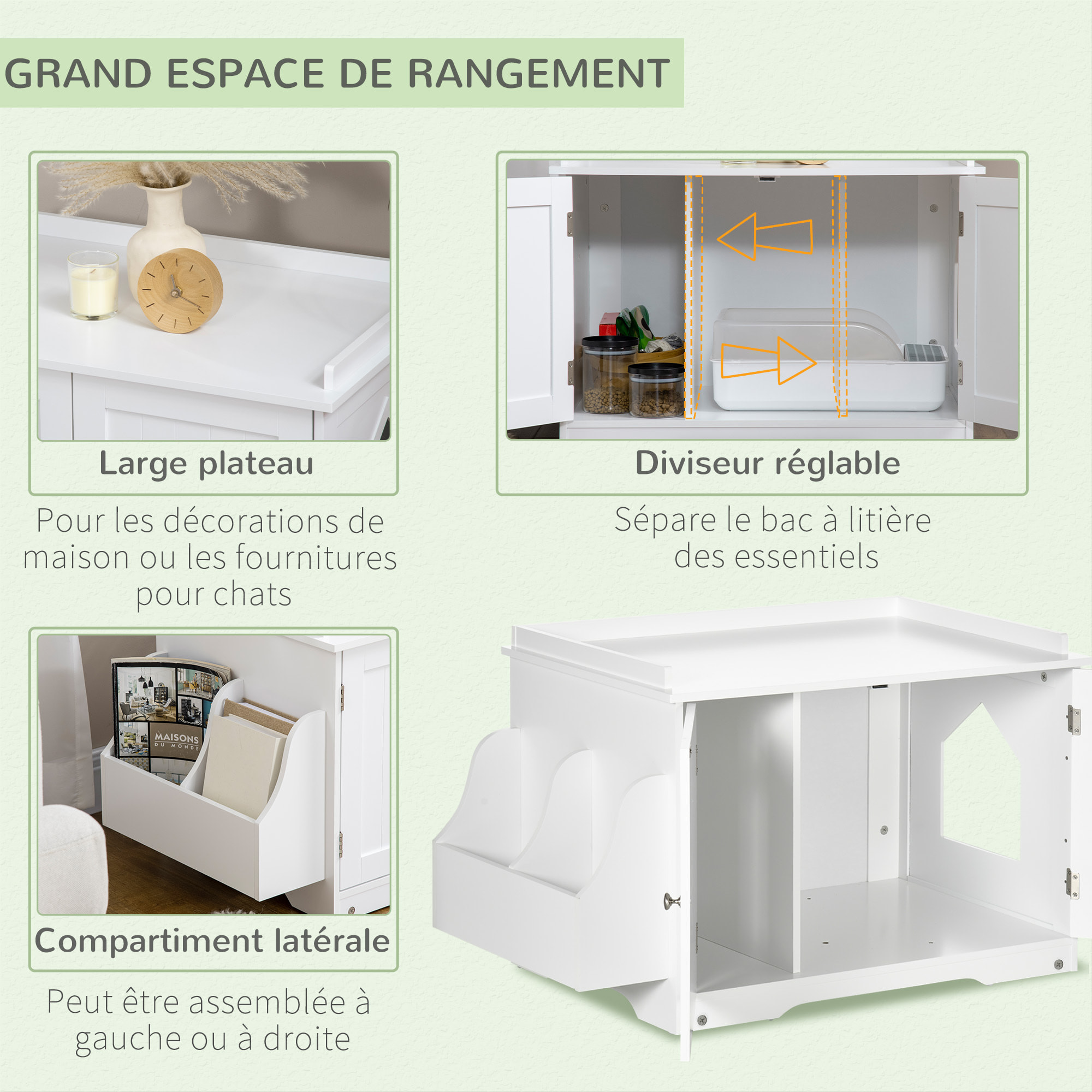 Maison de toilette pour chat table d'appoint 2 en 1 - 2 portes, cloison amovible, rangement latéral - blanc