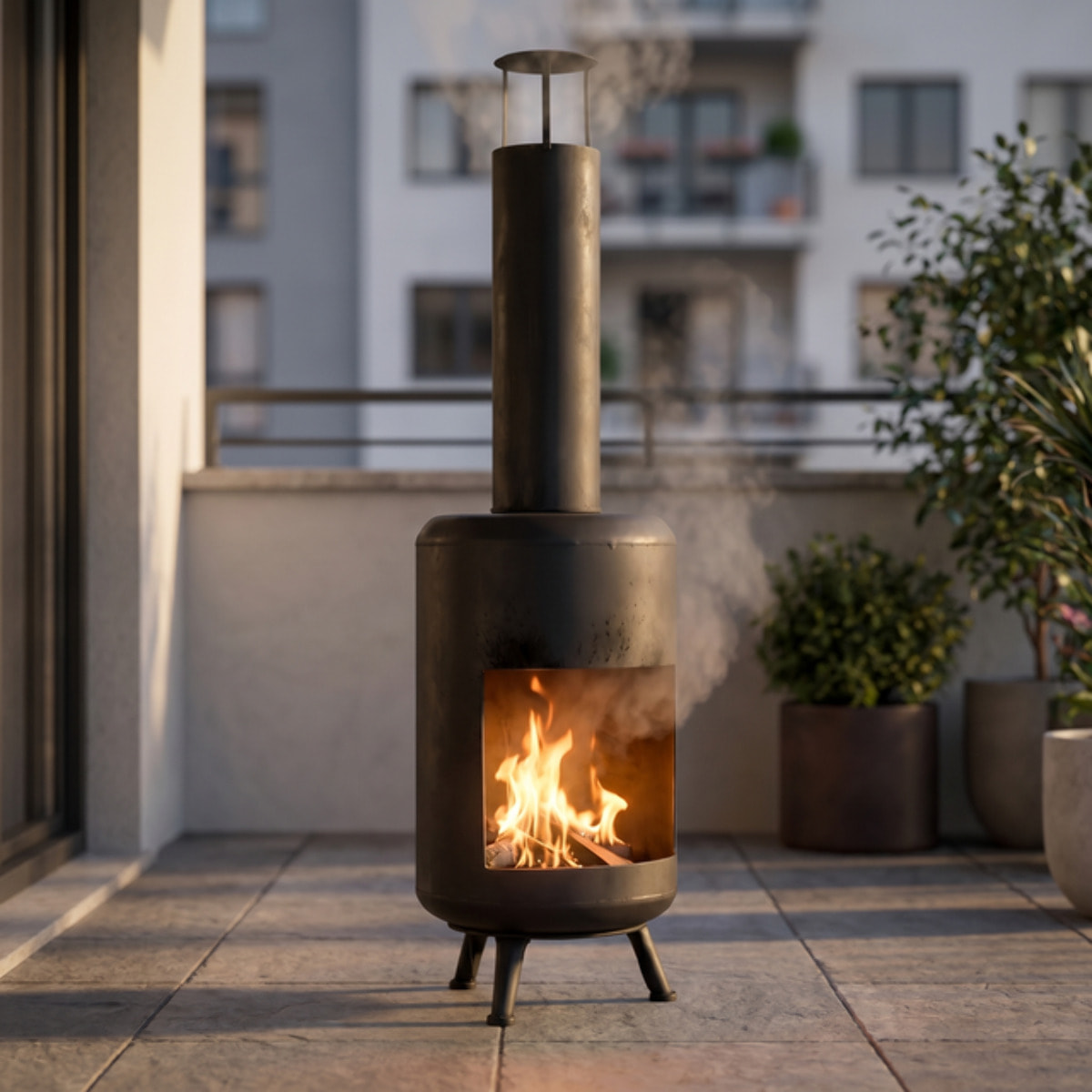 Caminetto da esterno in acciaio Darwin 100 cm, braciere a legna verticale con griglia interna, stufa outdoor resistente fino a 800°C, design industriale moderno, ideale per giardino terrazzo patio e balcone