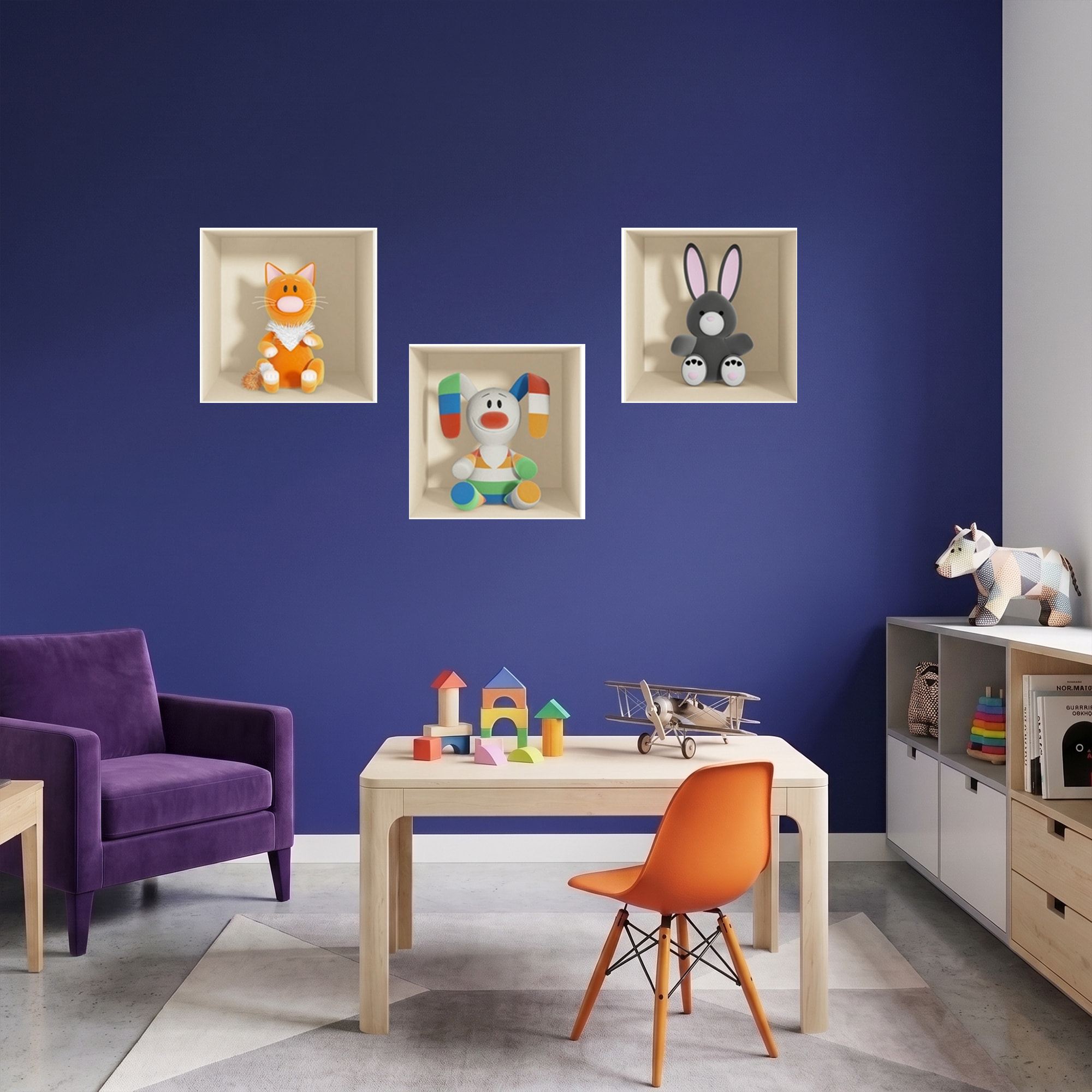 Stickers muraux 3D | Sticker Mural Autocollant effet 3D jouets Lapin gris, chat et lapin en couleur - Stickers adhésifs 3D Chambre Salon Trompe l'oeil