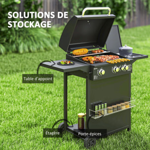Barbecue gaz 3+1 brûleurs avec couvercle 2 roues - 9,5 kW - 2 grilles chromées, étagères latérales, thermomètre - noir