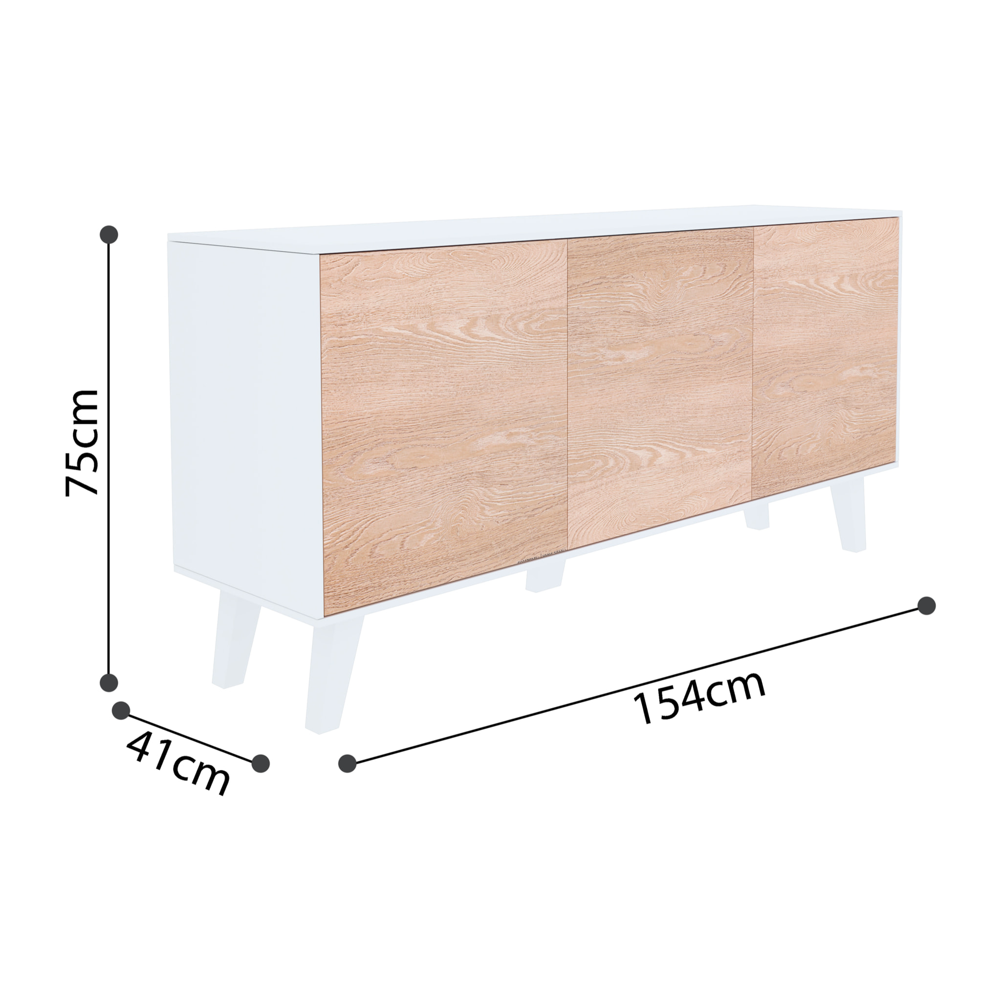 Credenza Gijòn Mobile Mobiletto Soggiorno Salotto Ingresso Sala da Pranzo 3 Ante 154 x 41 x 75 cm Colore Bianco Lucido Rovere Chiaro