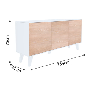 Credenza Gijòn Mobile Mobiletto Soggiorno Salotto Ingresso Sala da Pranzo 3 Ante 154 x 41 x 75 cm Colore Bianco Lucido Rovere Chiaro