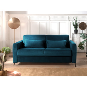 Owen - canapé 3 places convertible express couchage quotidien 140 cm matelas 12 cm en velours - Bleu canard