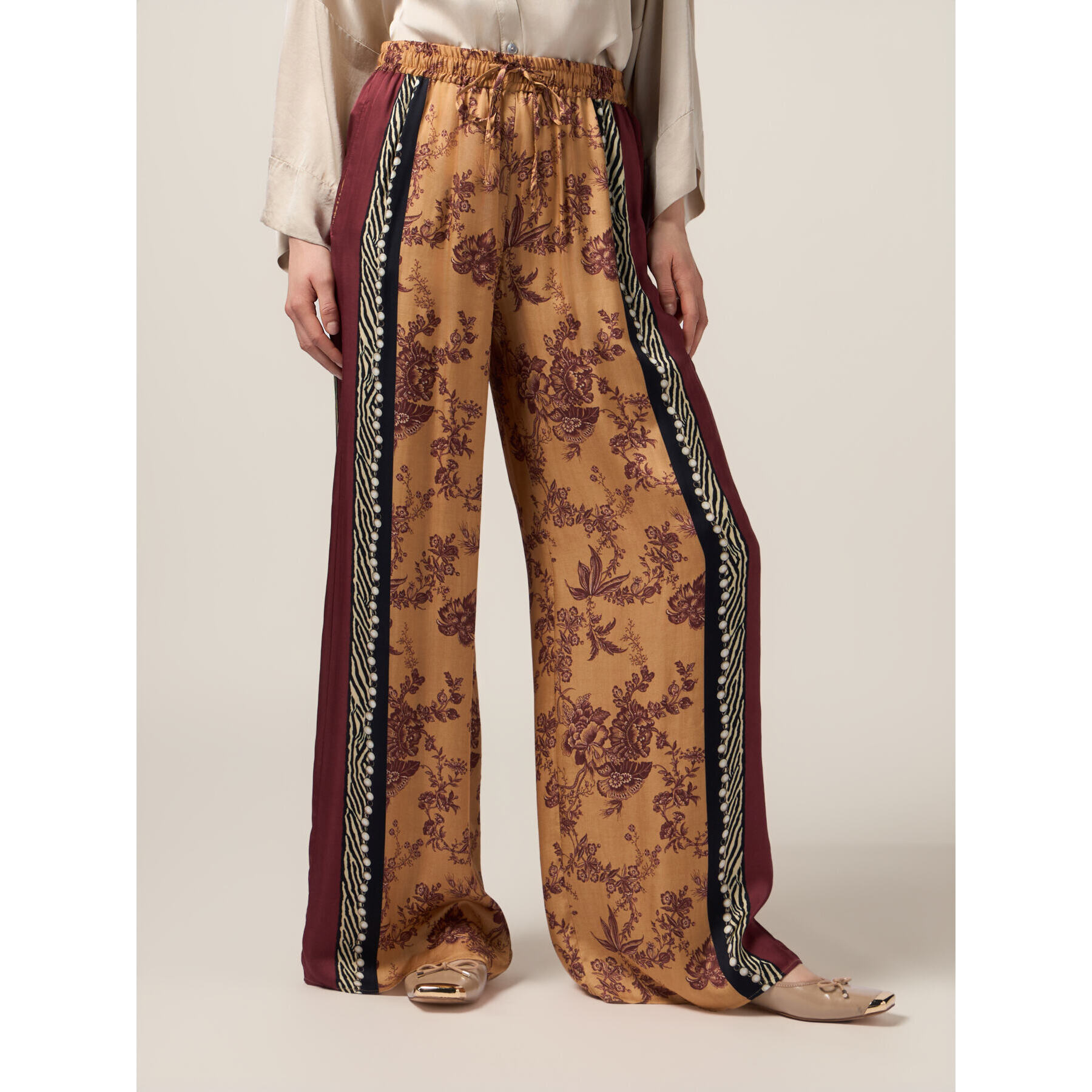 Oltre - Pantalones palazzo de satén estampado - Naranja sol