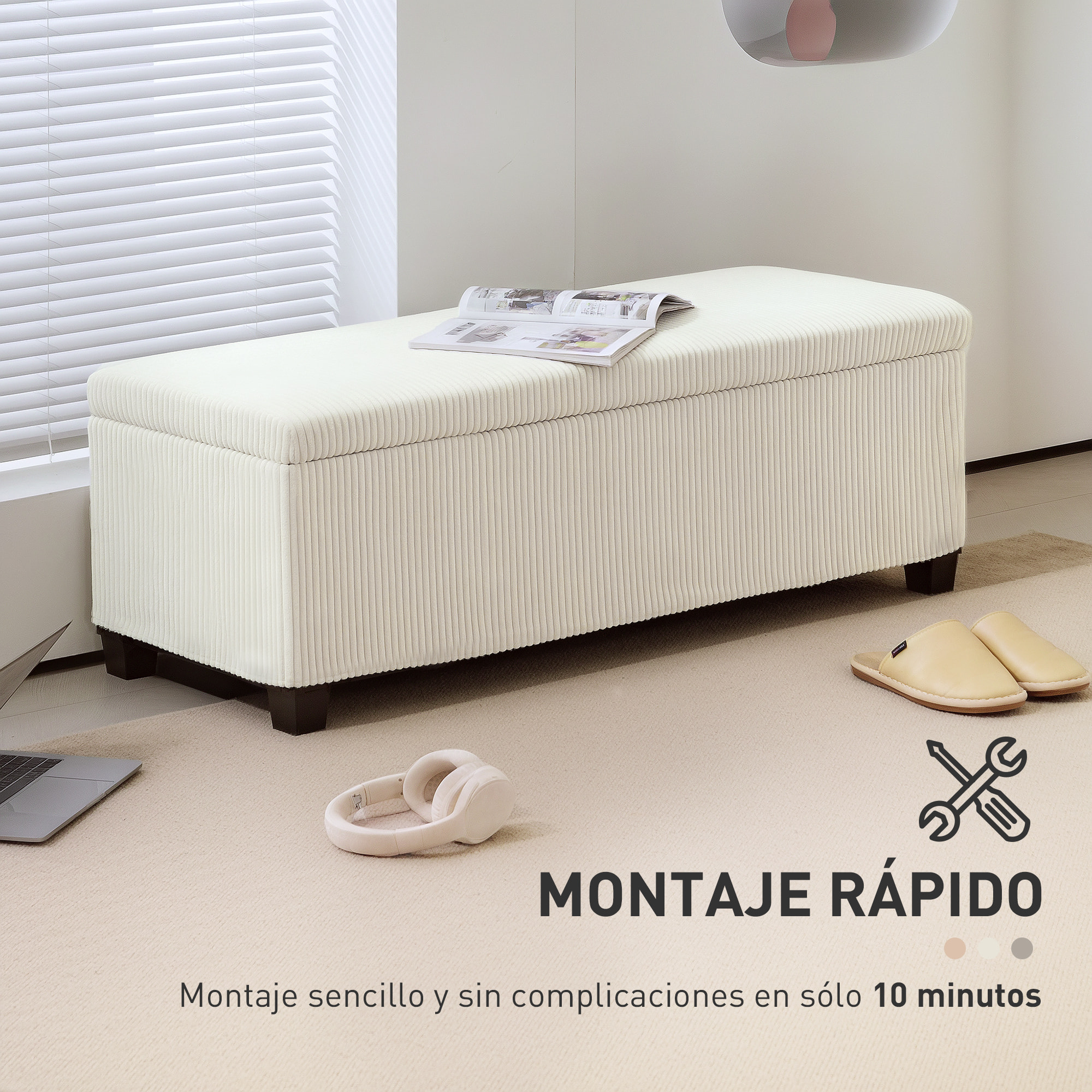 Puff Almacenaje, Banco Almacenaje Plegable, Capacidad de 84 L, 112x42x40 cm, Tapizado en Pana, Pie de Cama, para Sala de Estar, Dormitorio, Entrada, Beige