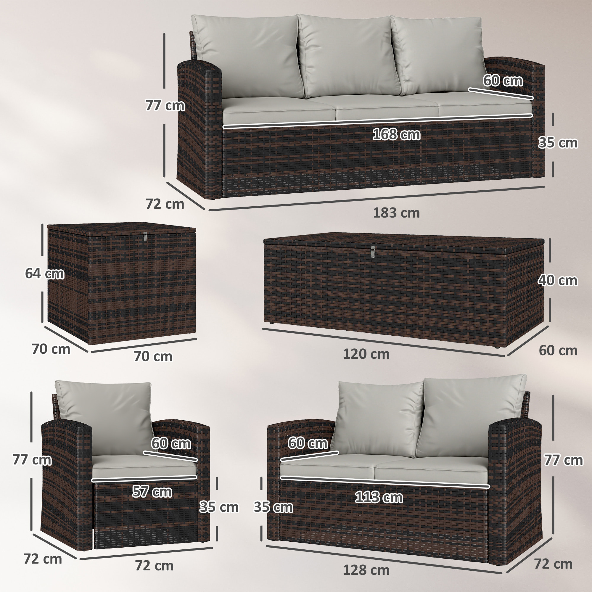 Conjunto de Jardín Exterior de Ratán, Conjunto Terraza, Muebles Jardín Exterior 6 Piezas Incluye Cojines, Sofá Doble, Sofá 3 Plazas, 2 Sillones, 2 Mesas Auxiliares con Almacenamiento, Beige