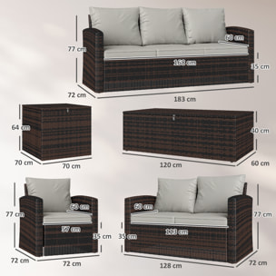 Conjunto de Jardín Exterior de Ratán, Conjunto Terraza, Muebles Jardín Exterior 6 Piezas Incluye Cojines, Sofá Doble, Sofá 3 Plazas, 2 Sillones, 2 Mesas Auxiliares con Almacenamiento, Beige