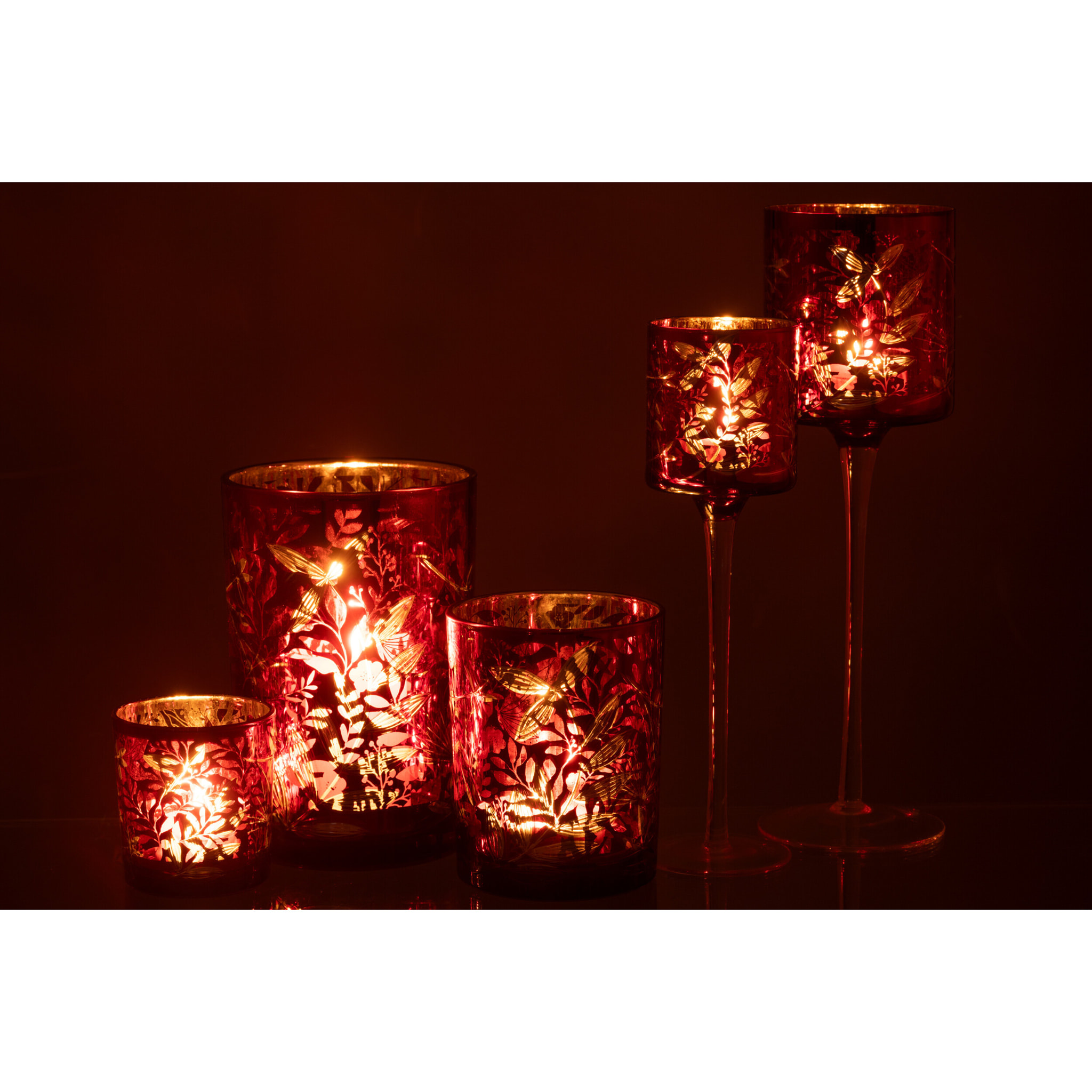 J-Line photophore Sur Pied Feuilles - verre - rouge/or - large