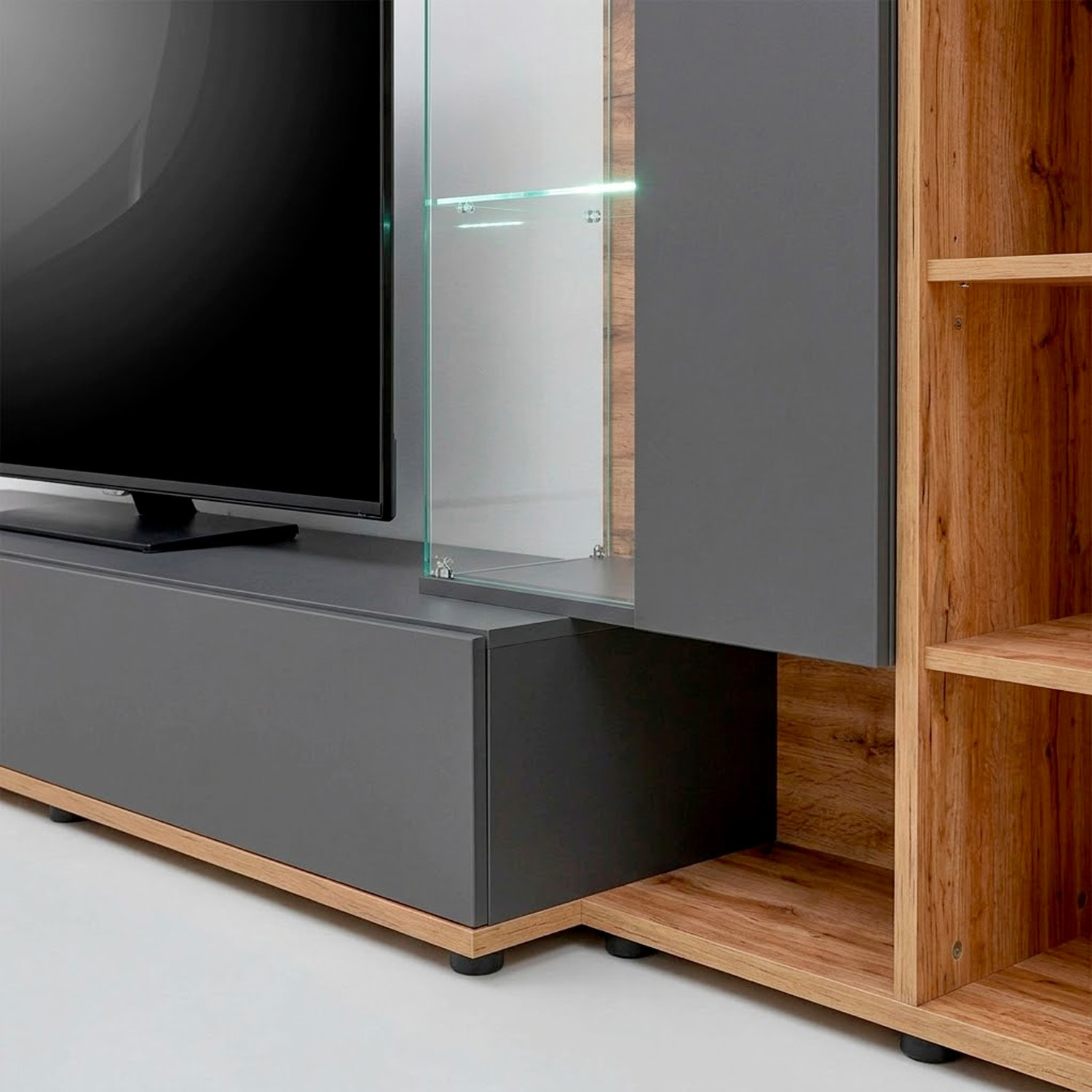Parete Attrezzata Mobile TV Vetrina LED Living Mensola Vani Giorno Multifunzione Design Contemporaneo Arredo Casa 240 x 40 x 145 Cm Antracite Rovere