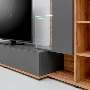 Parete Attrezzata Mobile TV Vetrina LED Living Mensola Vani Giorno Multifunzione Design Contemporaneo Arredo Casa 240 x 40 x 145 Cm Antracite Rovere
