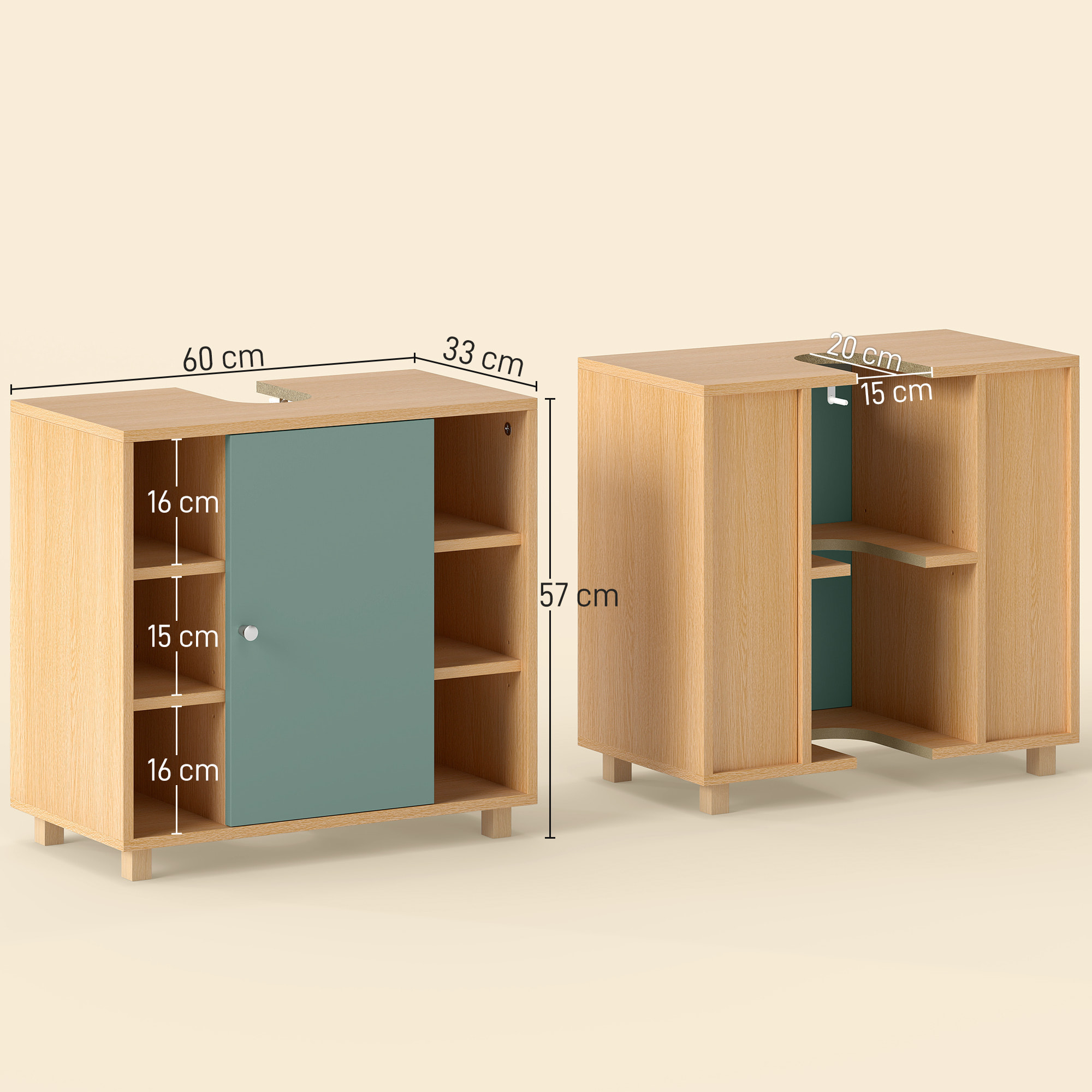 Meuble sous vasque 6 niches porte étagère dim. 60 x 33 x 57 cm effet bois clair vert d'eau