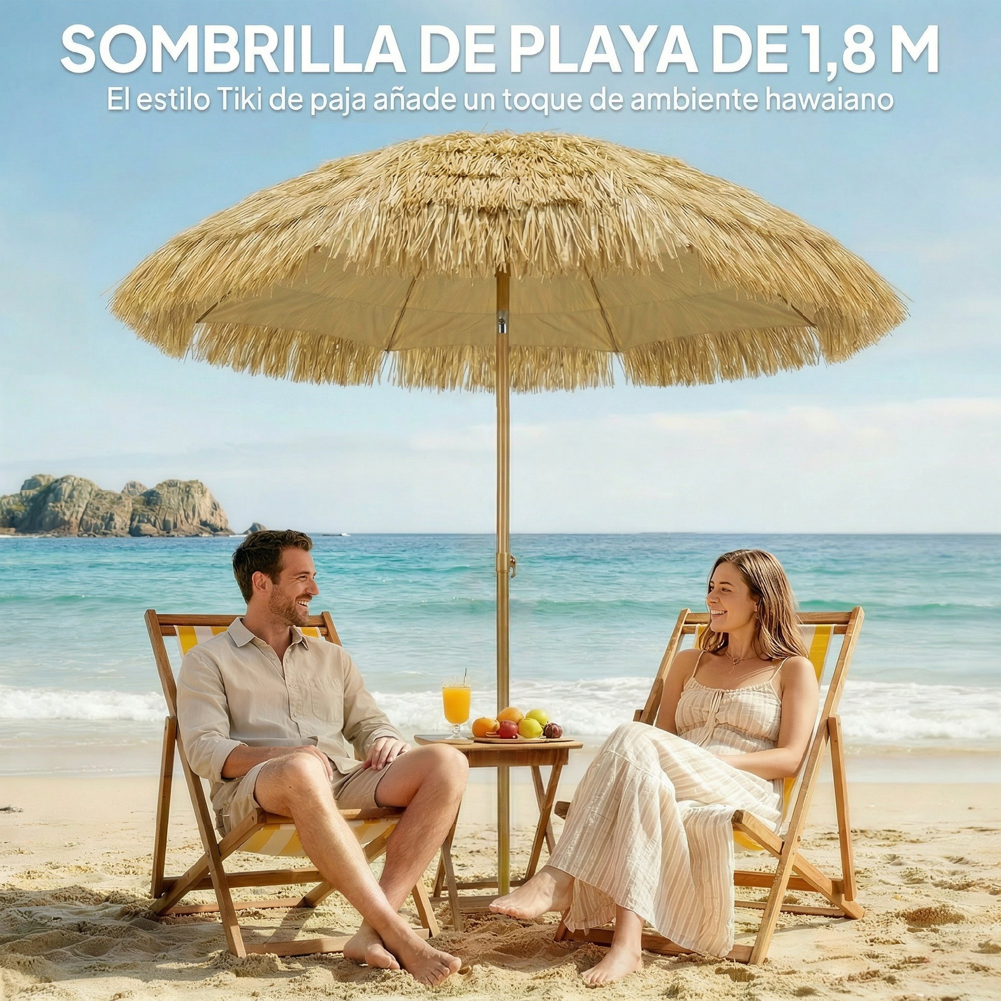 Sombrilla de Playa con Flecos de Paja Ø178 cm, Sombrilla de Terraza Exterior con Inclinación, Altura Ajustable, UV50+, Bolsa de Transporte, Anclaje de Arena, Marrón Claro