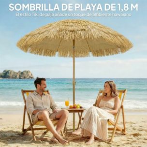 Sombrilla de Playa con Flecos de Paja Ø178 cm, Sombrilla de Terraza Exterior con Inclinación, Altura Ajustable, UV50+, Bolsa de Transporte, Anclaje de Arena, Marrón Claro