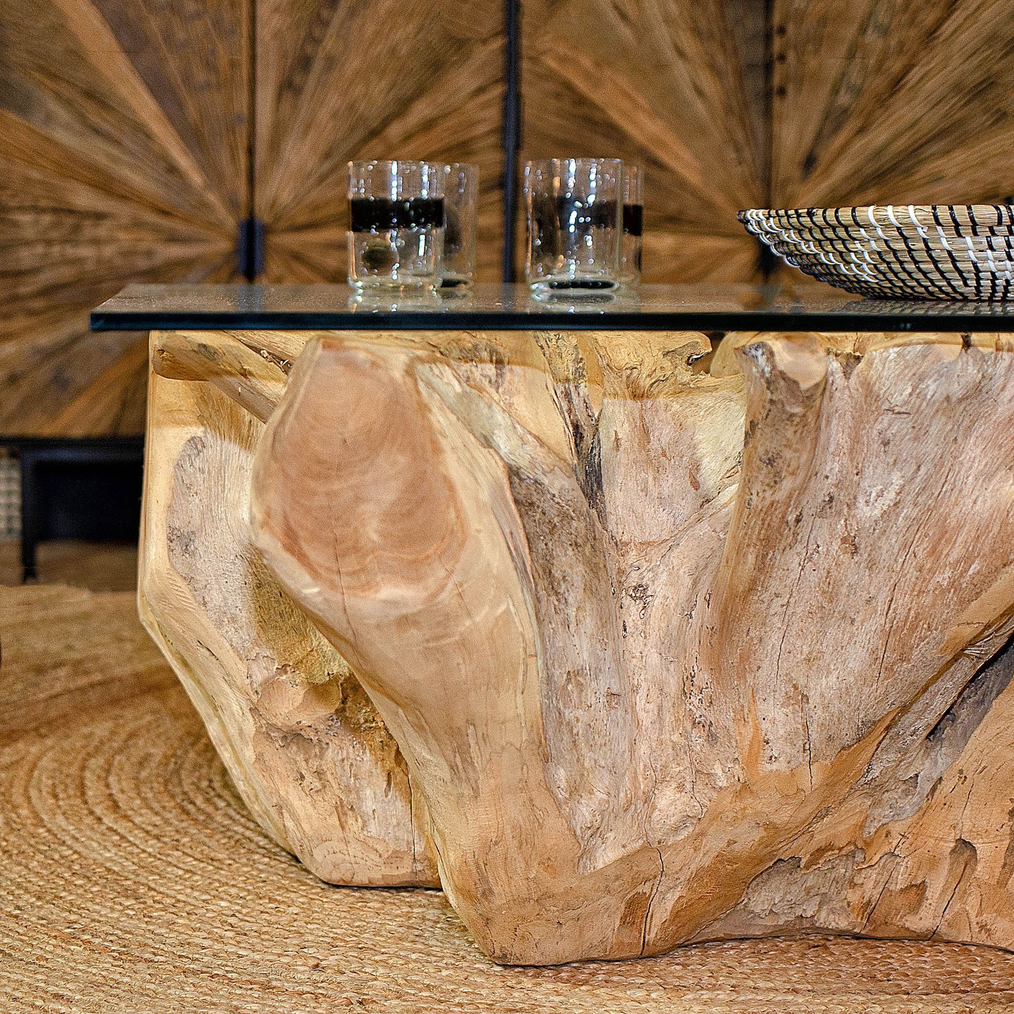 Table basse en racine de teck et plateau en verre 105cm