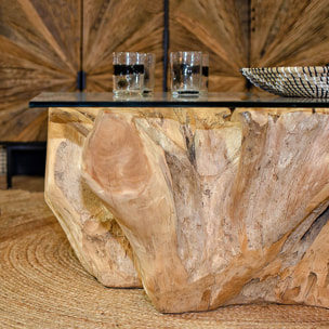 Table basse en racine de teck et plateau en verre 105cm