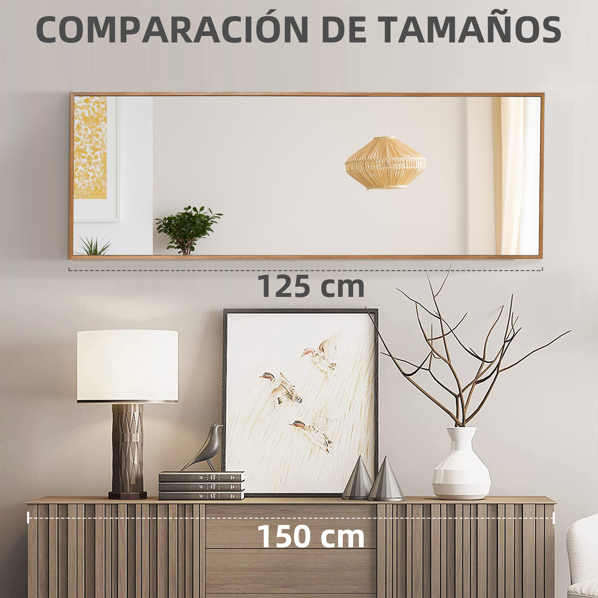 Espejo de Pared Cuerpo Entero 125x45 cm Espejo Rectangular Grande de Madera Estilo Moderno Decorativo para Salón Dormitorio Entrada Natural