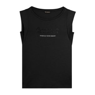 T-shirt con maniche in tessuto crinkle e scritta gioiello