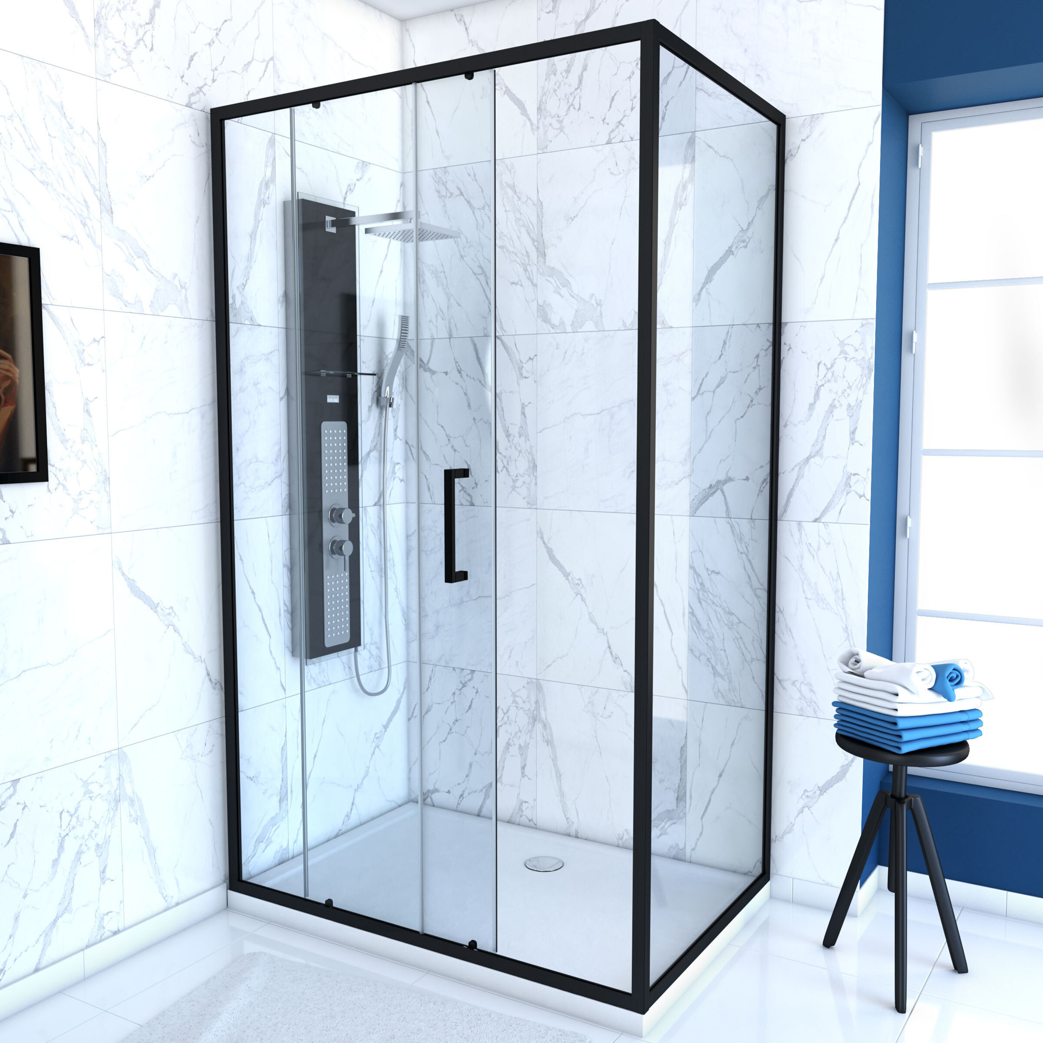 Porte de douche + Retour 100x80x200 cm - Verre 6 mm - Profilé Noir - CRUSH