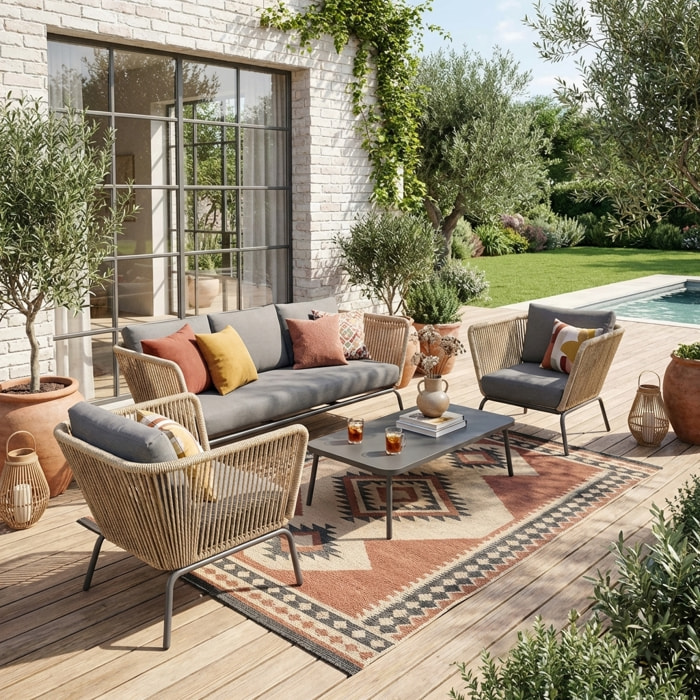 Salon de jardin bas résine tressée effet corde 5 places SINGAPOUR