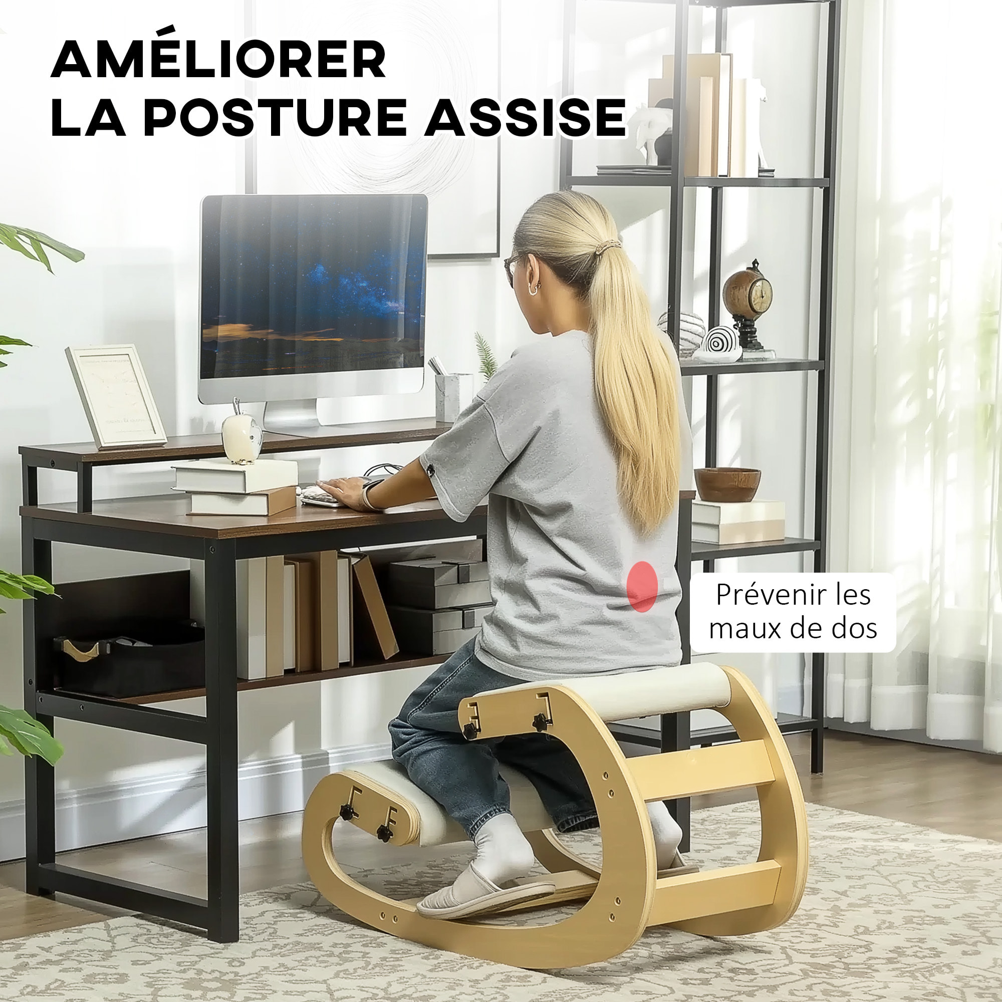 Siège ergonomique - siège assis-genoux - chaise assis genoux grand confort - bois bouleau tissu crème