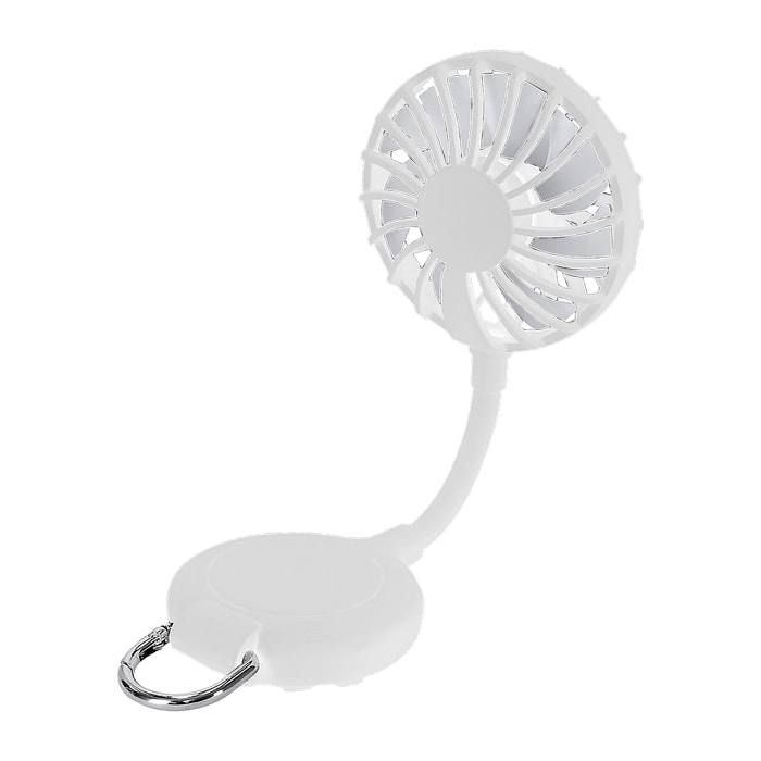Ventilatore multiposizione con rotazione a 360°, supporto regolabile e ventose per smartphone. Dispone di 3 velocità, con batteria ricaricabile da 300 mAh.