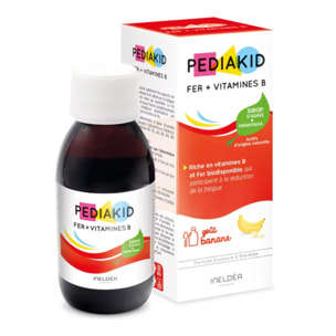 PEDIAKID - Sirop Fer + Vitamines B - Complément Alimentaire Naturel - Formule Exclusive au Sirop d'Agave - Optimise les Apports en Fer - Contribue à Réduire la Fatigue - Goût Banane - Flacon 125 ml