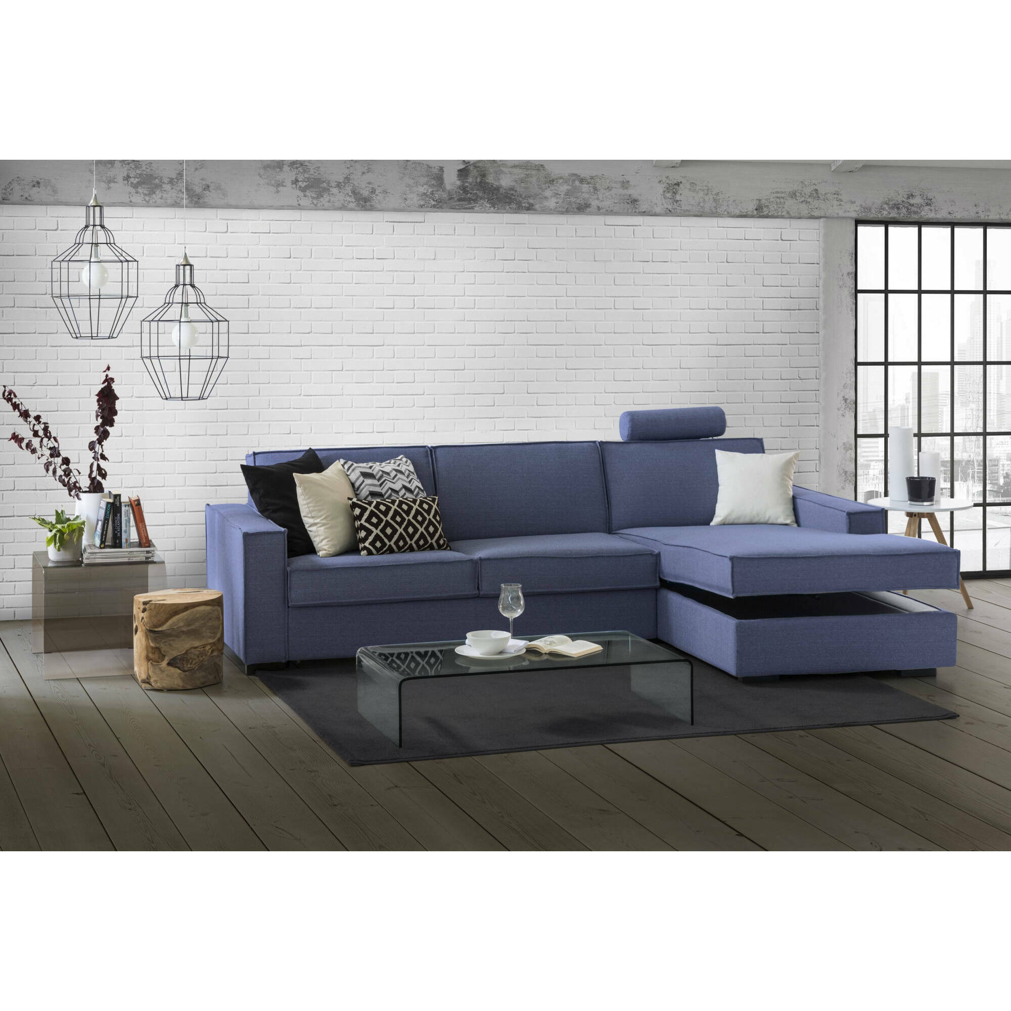 Divano letto con penisola Afar, Sofà con apertura girevole, Penisola contenitore Destra, Braccioli slim, 100% Made in Italy, Cm 260x95h90, Blu