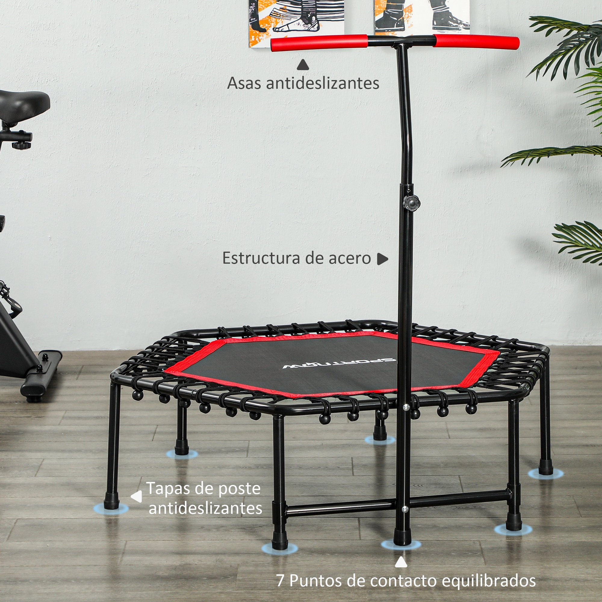 Trampolín de Fitness 114x114x132 cm Cama Elástica Fitness con Mango Ajustable de 3 Niveles Marco de Acero para Entrenamiento Piernas Cuerpo en Hogar Oficina Gimnasio Rojo