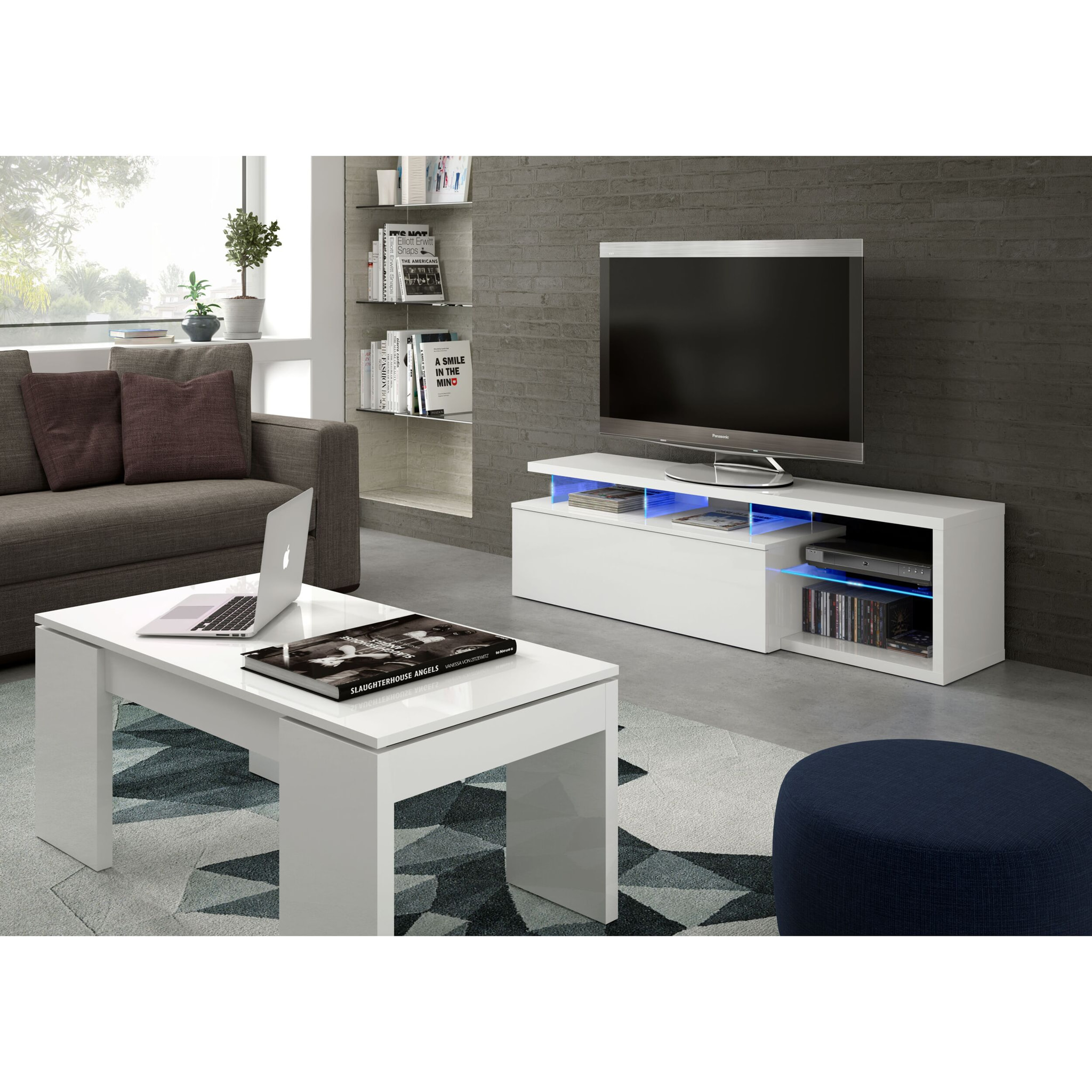 Mobile Mobiletto TV Fireflies da Soggiorno Sala da Pranzo Studio Moderno Design Illuminazione LED 150 x 43 x 41 cm Bianco