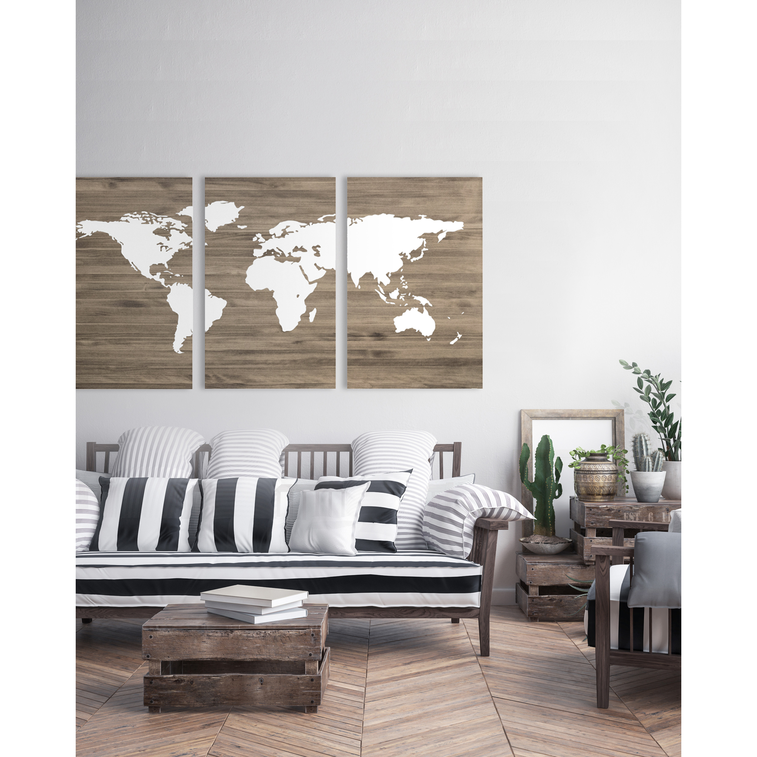 Tête de lit triptyque en bois massif avec imprimée motif 'White World Map' en ton chêne foncé, différentes tailles Hauteur: 80 Longueur: 180 Largeur: 4.2