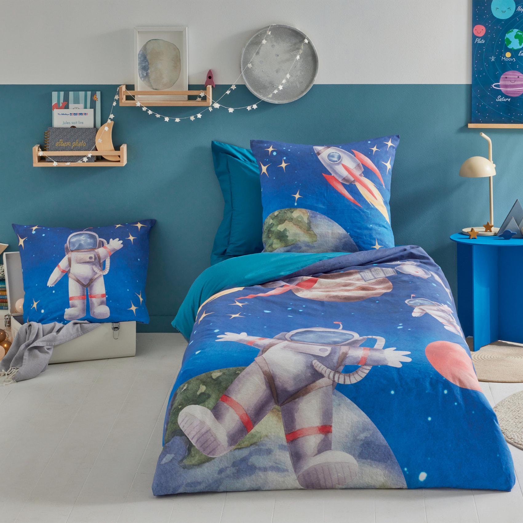 Housse de couette enfant percale de coton astronaute et fusée - Bleu