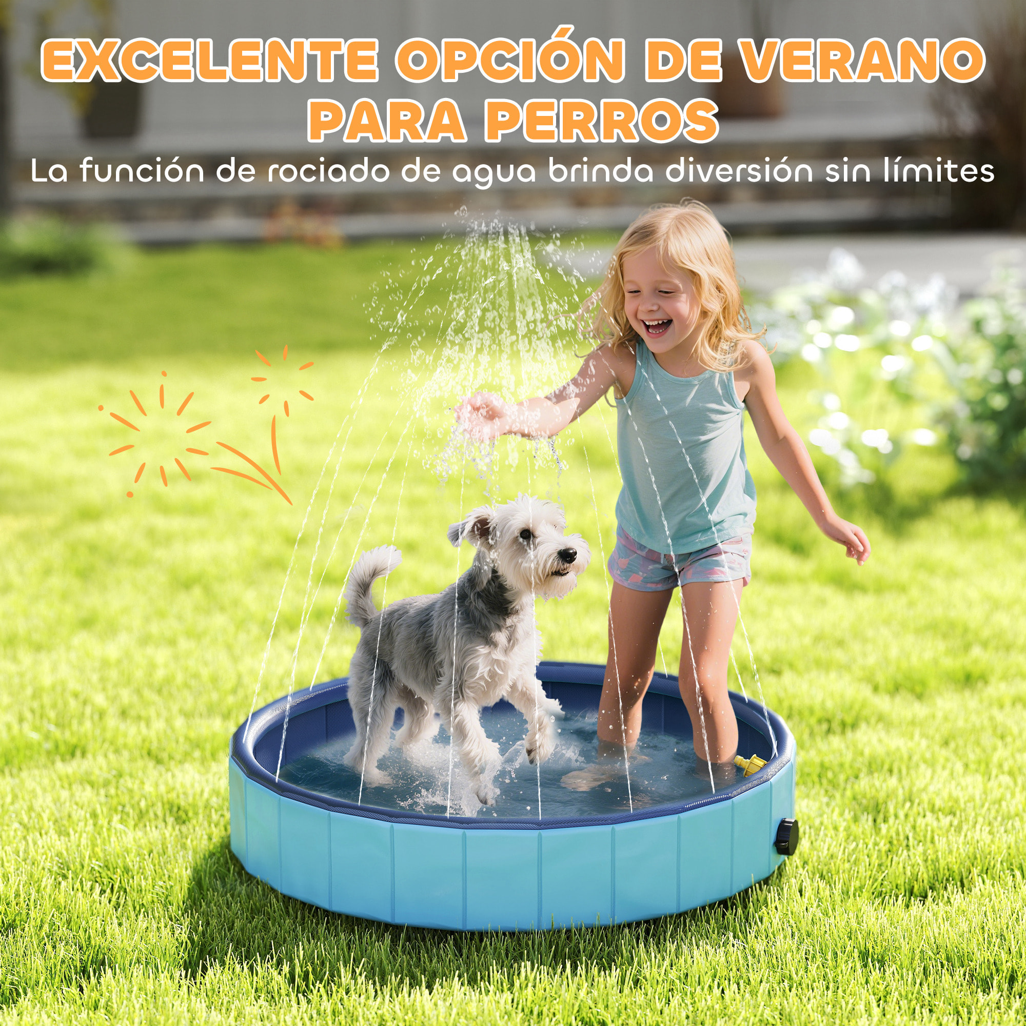 Piscina para Perros Plegable con Aspersor Bañera Portátil para Mascotas Pequeños de PVC Antideslizante y Resistente al Desgaste para Interiores y Exteriores Ø80x20 cm Azul Claro