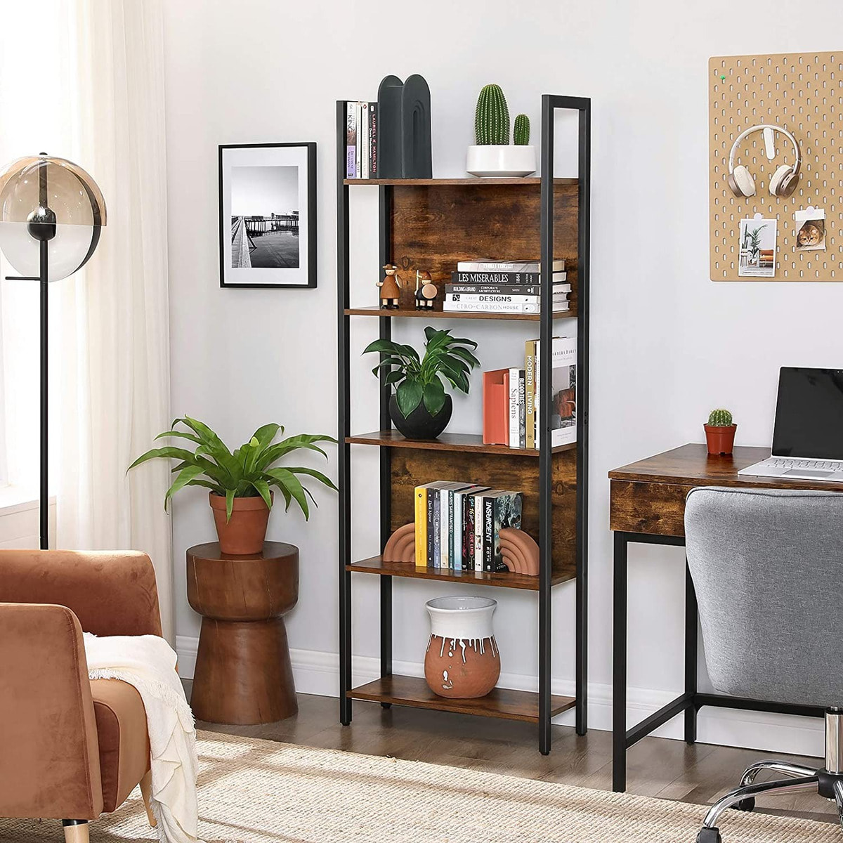 Libreria a 5 ripiani stile industriale rustico in legno e acciaio nero