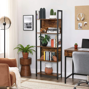 Libreria a 5 ripiani stile industriale rustico in legno e acciaio nero