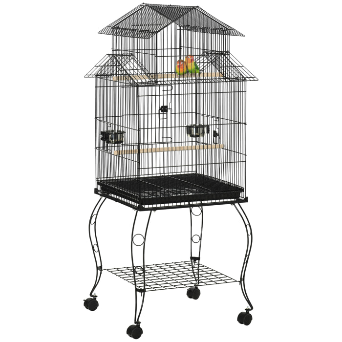 Jaula para Pájaros con Ruedas Jaula Grande con Soporte Pajarera con Bandeja Extraíble Puertas Comederos Perchas y Estante Inferior para Cacatúa ninfa Cotorra del Sol 50x49x137 cm Negro
