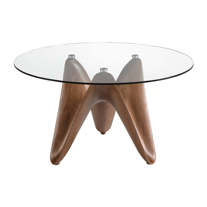Mesa comedor redonda con tapa fija de cristal templado patas de madera en nogal 140x140x75cm