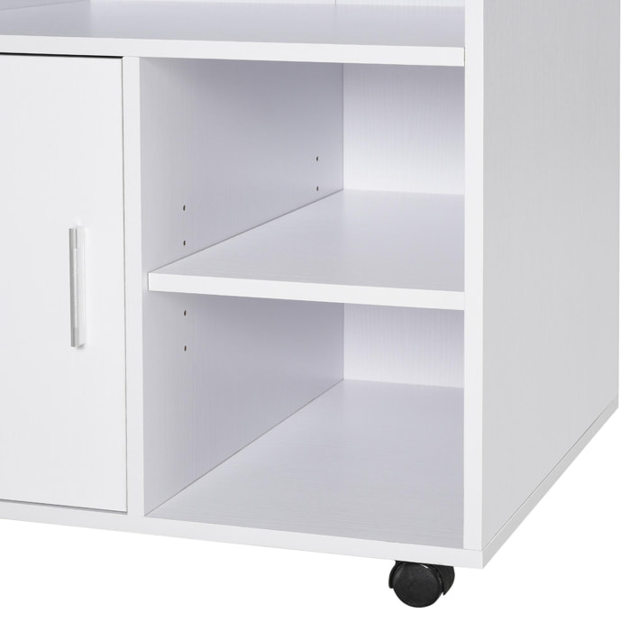 Homcom support d'imprimante organiseur bureau caisson placard porte 3  niches + grand plateau panneaux particules blanc - Conforama